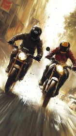 Motorcycle riders racing through wet city streets in rain