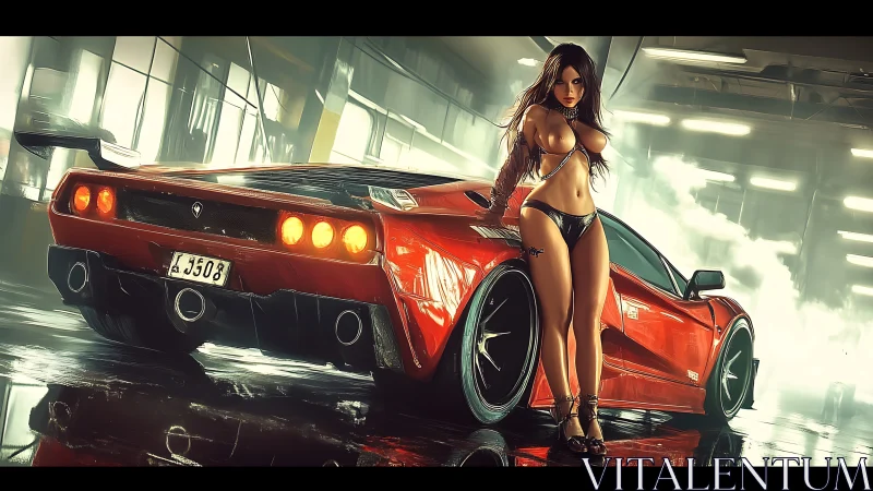 Hyperreal garage tableau with tuned supercar and model figure.