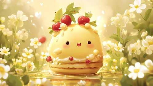 Cheerful Cheese Character with Apple Crown in Floral Garden.