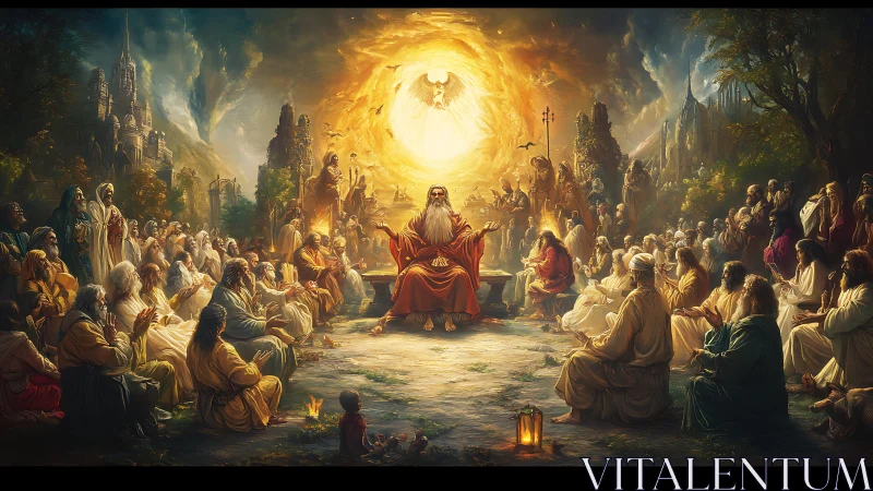 Celestial teacher addressing gathered disciples under radiant portal