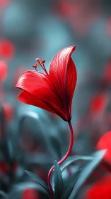 Scarlet lily glows against teal bokeh garden blur.