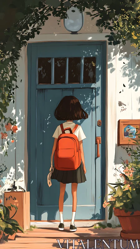 Girl with red backpack standing before blue house door.