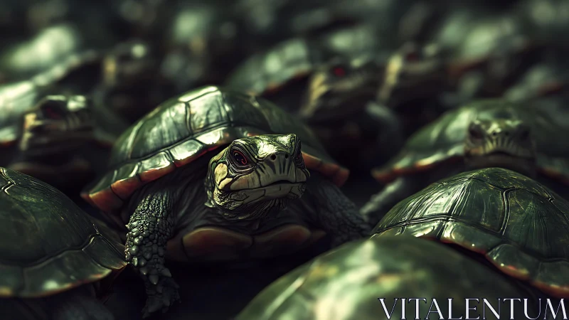 Curious turtle steps forward from a shimmering green crowd.