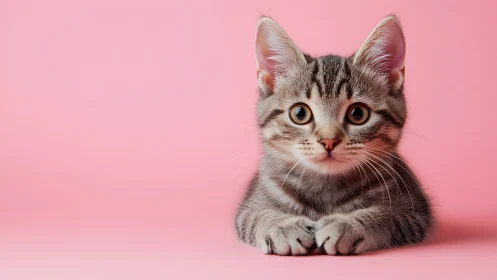 Tabby Kitten Portrait on Pink Background.