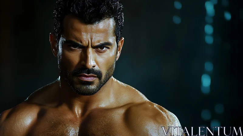 Storm-eyed warrior under neon drizzle, carved in resolve.