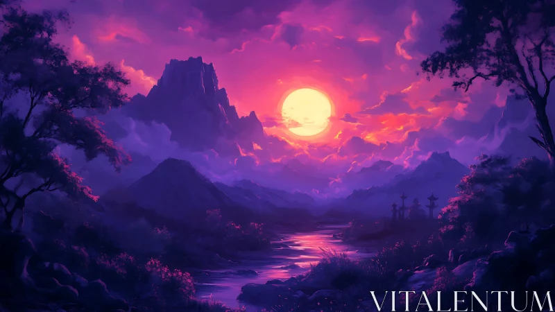 Dreamlit valley under a glowing violet twilight sun.