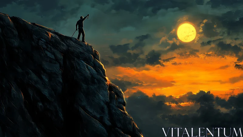 Figure on rocky slope under full moon and orange sky.