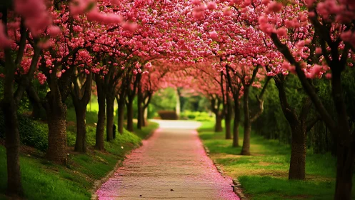 Cherry blossom tree tunnel over paved garden pathway.