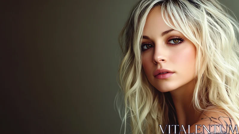 Soft-lit blonde portrait with tattoo and muted backdrop.