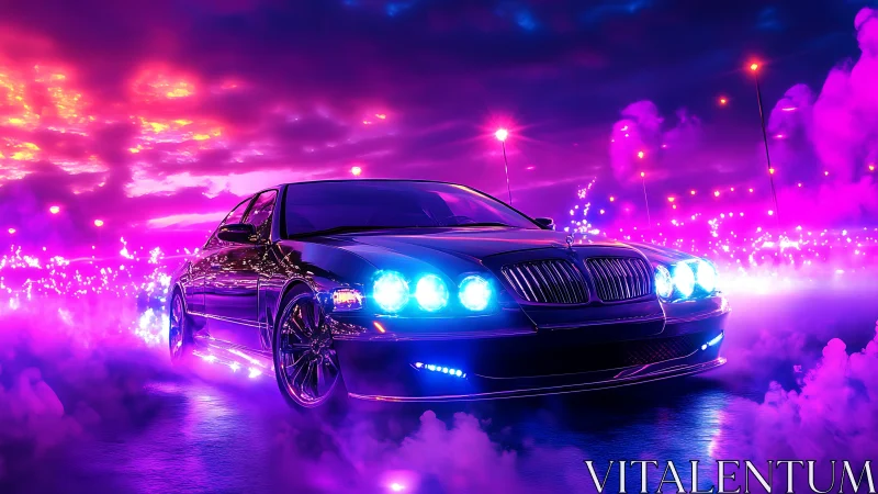 Sports sedan moves through neon-lit fog on reflective roadway