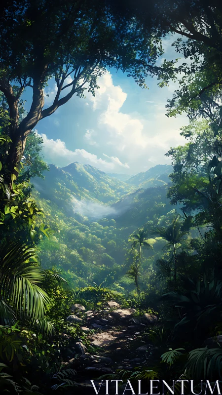 Verdant Valley Portal: Jungle Canopy Frames Mountain Landscape