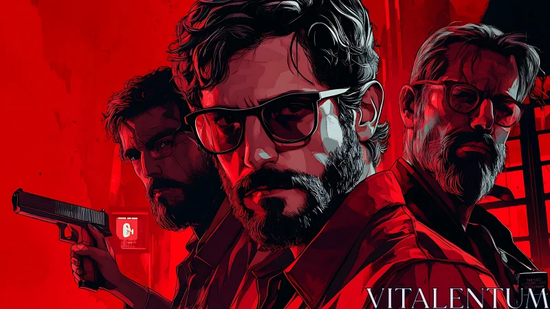 Bold trio stands defiant in a tense red crime-noir scene