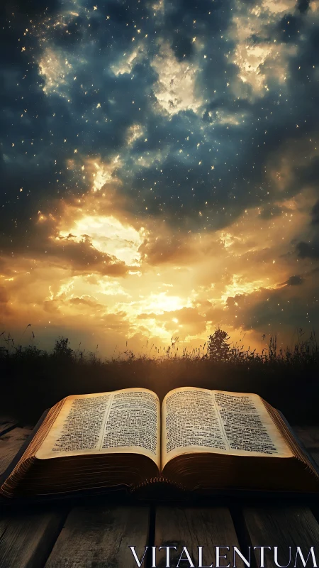 Open illuminated book beneath radiant celestial sky.