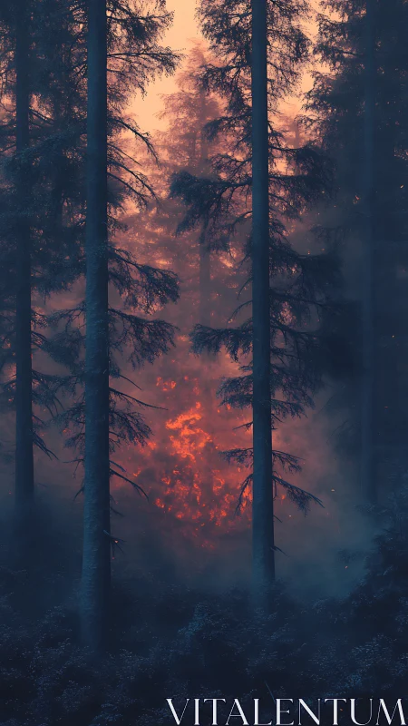 Wildfire Burns Through Ancient Forest in Dramatic Twilight