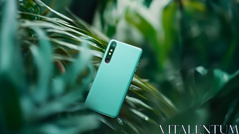 Turquoise Smartphone Amid Verdant Foliage.