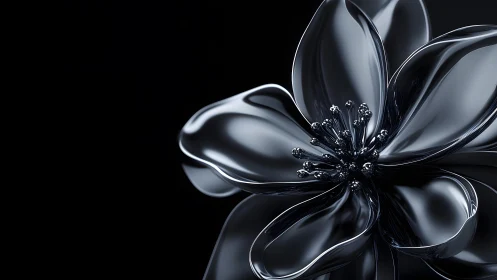 Glossy Black Abstract Flower on Dark Background, Modern Digital Art.