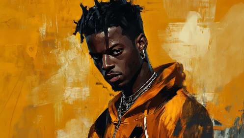 Digital portrait of brooding man in orange hoodie on gold field.