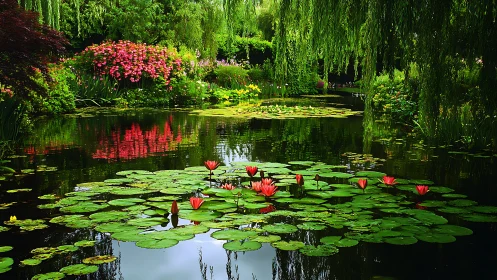 Willow-draped lily pond where quiet water hums with color.
