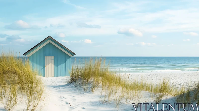 Sky-colored beach hut waits quietly between whispering dunes