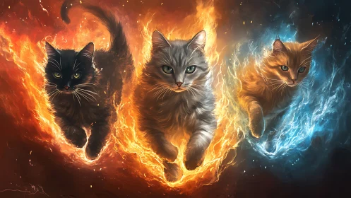 Three Cats Amid Elemental Fire and Ice Flames.