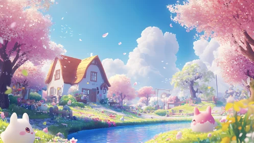 Pastel village landscape depicts cottage, stream, and trees