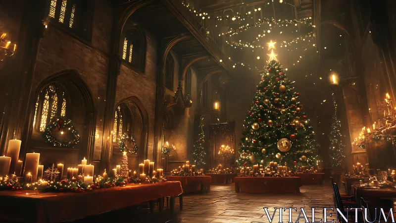 Grand gothic hall with illuminated Christmas tree centerpiece.