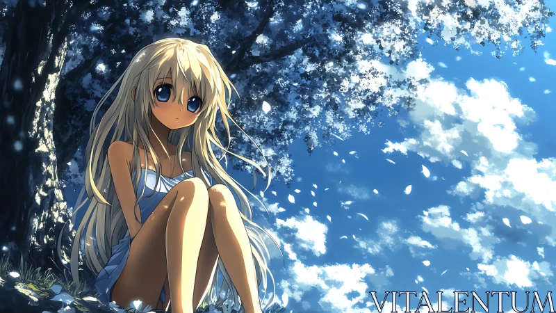 Gentle summer day cradles a quiet girl beneath soft petals