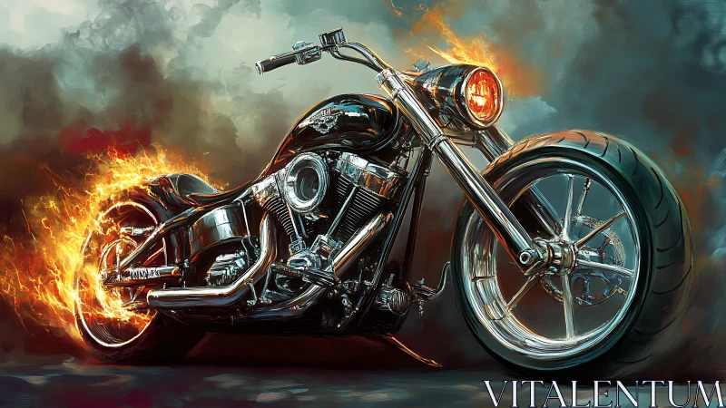 Custom chopper motorcycle rendered with dynamic flaming effects