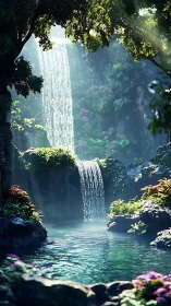 Verdant tiered waterfall pool with dappled rim lighting.