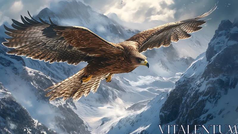 Majestic Eagle Soaring Over Snowy Mountain Peaks in Realistic Style.