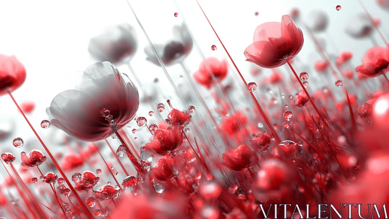 Red Poppies with Water Droplets in Motion.