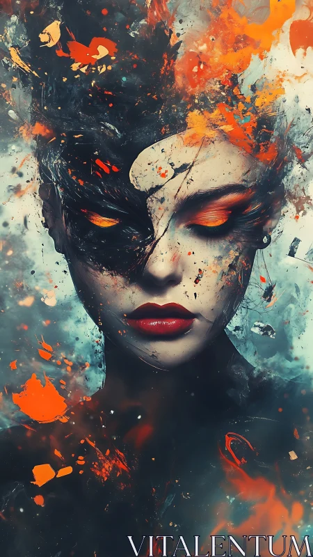 Surreal fiery-masked woman dissolving into vivid splashes.