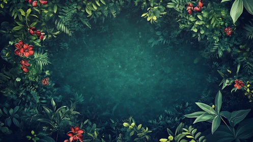 Lush tropical frame encloses deep teal jungle water pool