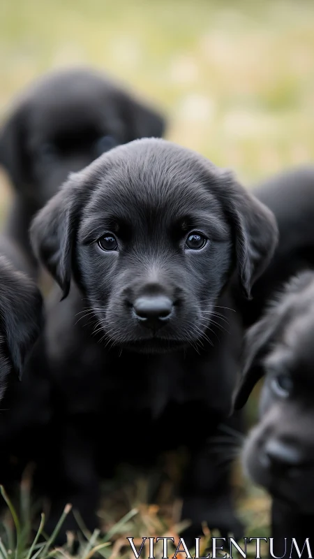 Midnight-eyed black lab puppies huddle in soft meadow light.