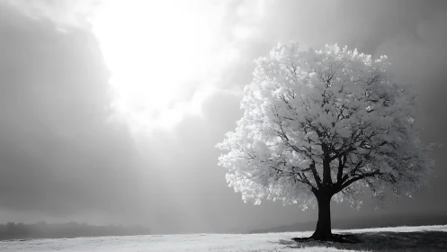 Luminous white tree welcomes soft light across a quiet field