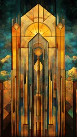 Art Deco celestial tower with stained glass geometry.