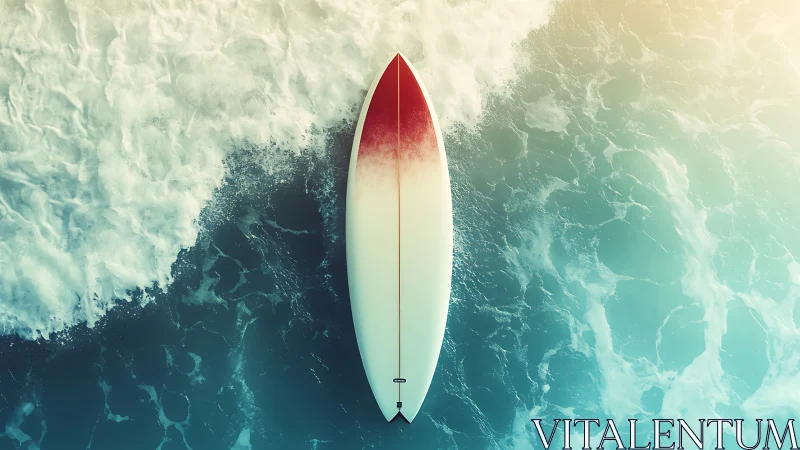 Surfboard floats like a quiet exclamation over teal waves