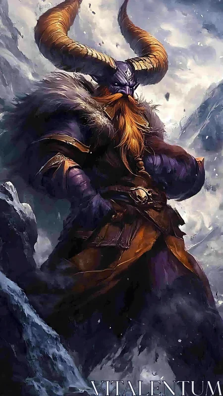 Horned frost warlord in fur armor amid glacial maelstrom.