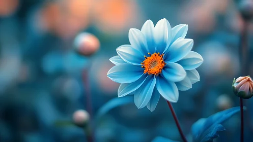 Blue Dahlia with Golden Center in Soft Focus Garden.