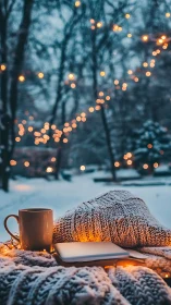 Snowy evening coziness glows with lights, blanket, and warm mug