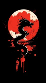 Black dragon silhouette coils before blood red moon