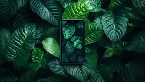 Smartphone window blooms inside lush emerald jungle leaves.