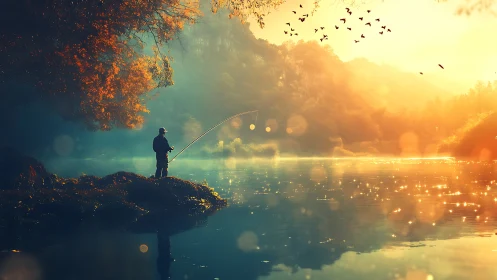 Solitary angler on lakeshore in hazy autumn sunrise light.