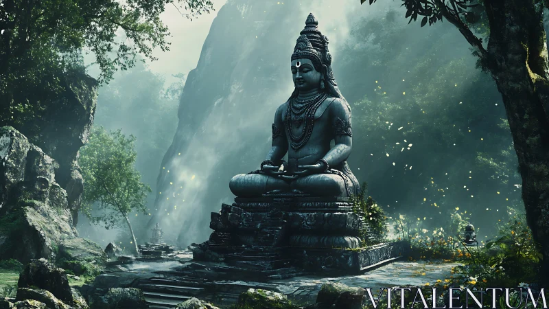 Forest-born stone deity in emerald misted meditation.