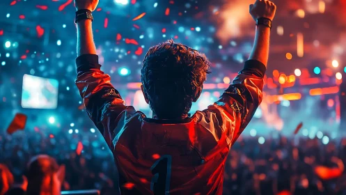 Backlit esports champion under bokeh-saturated arena lighting.