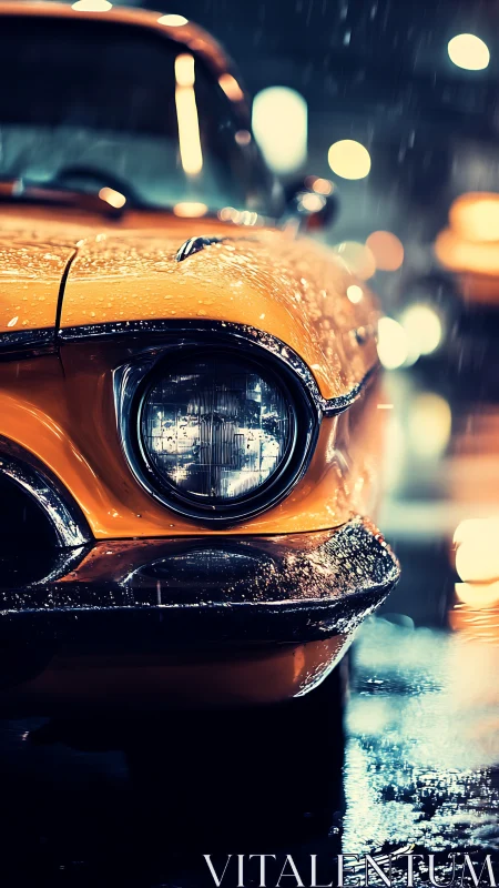 Yellow vintage car close-up in rainy city at night.