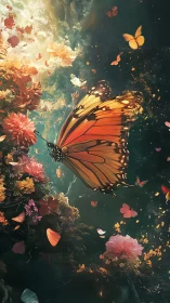 Monarch butterfly glides through luminous floral vortex