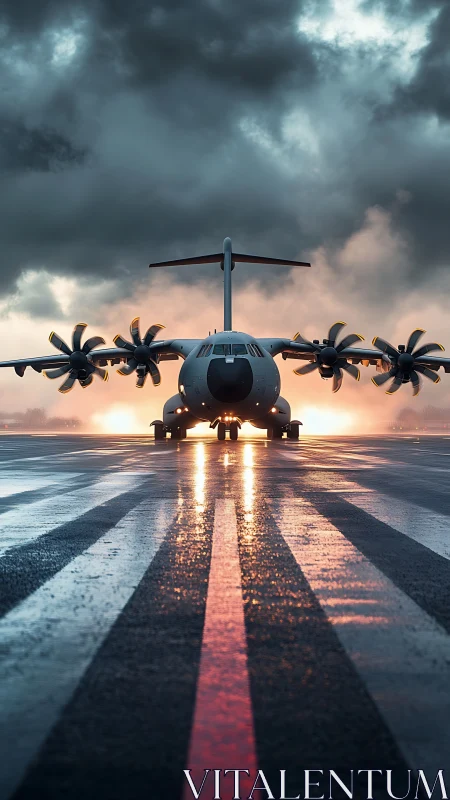 Stormlit runway crowns the waiting titan of the skies