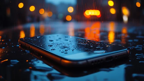 Forgotten phone resting in neon reflections and soft rain.