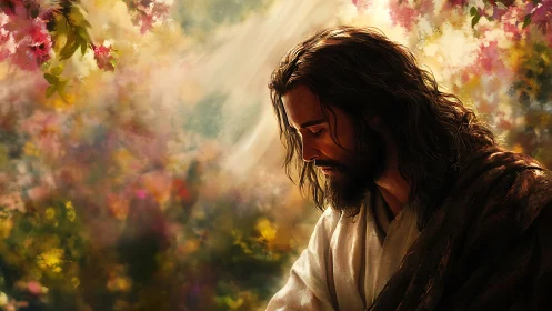 Serene robed man in sunlit garden of soft blossoms.